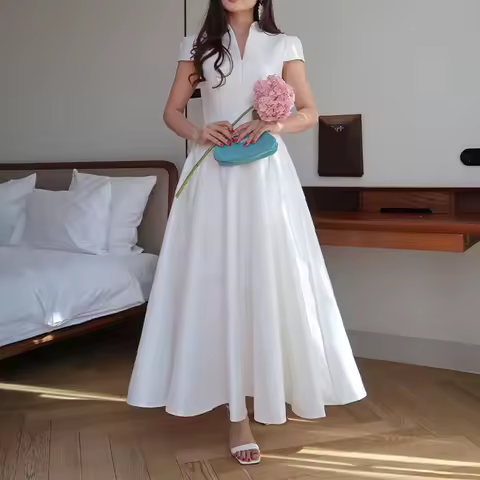 Fashion Women's Swing Maxi Dress Summer Temperament V-neck Slim Satin Evening Dress Elegant High Waist Solid Color Banquet Dress