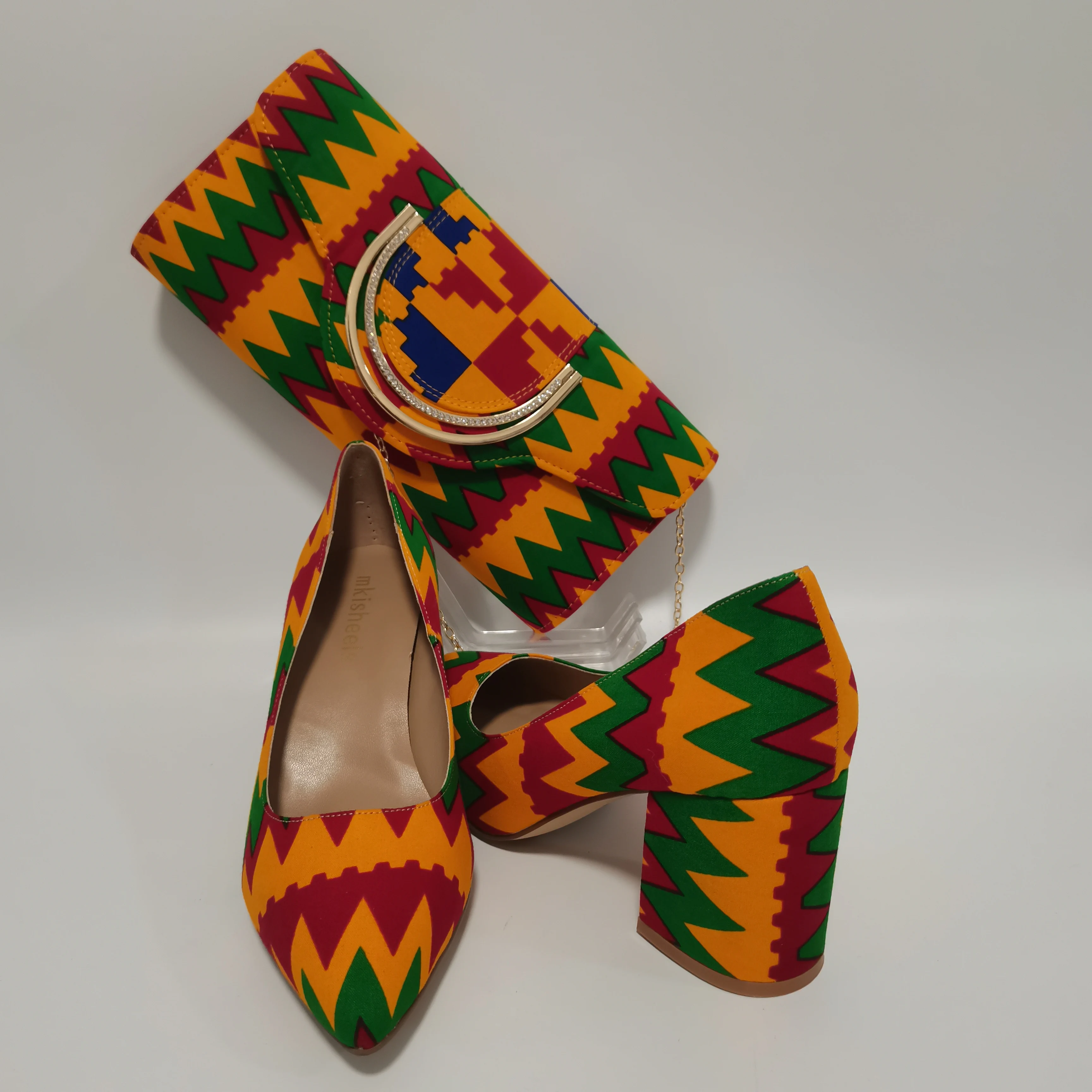 New Pretty Shoes And Purse African Kente Wax Prints Fashion Ankara Bag Match Wax Fabric Women High Heels Shoes 37-42  For Party