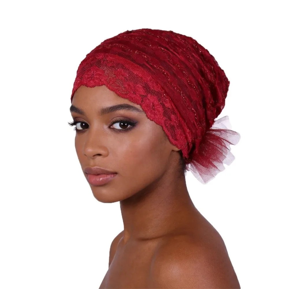 New Lace Flower Bonnet Hat Full Coverage Cover White Hair Headband Cap Breathable Elastic Head Wrap Cap Women Headwear