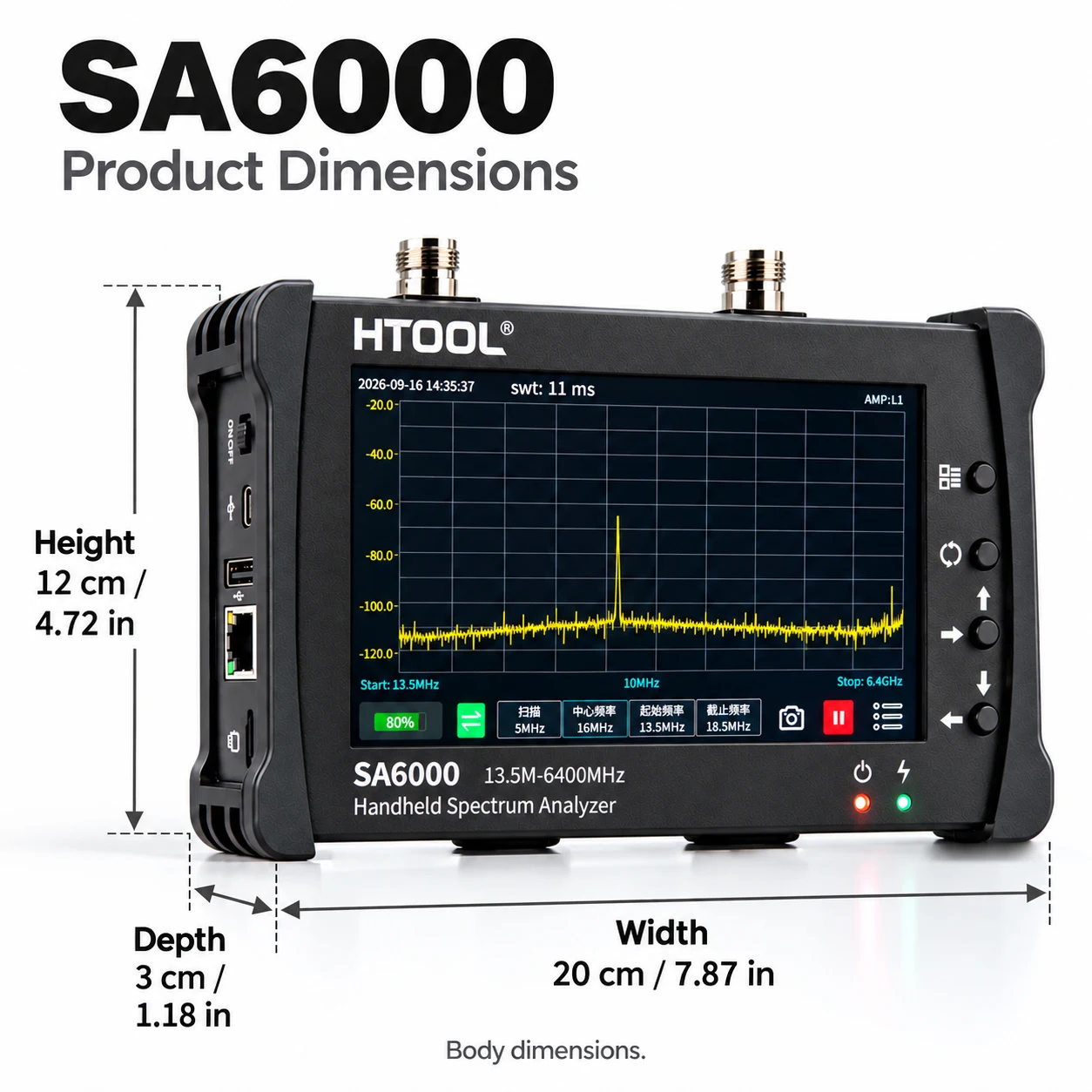 HTOOL SA6000 Portable RF Spectrum Analyzer 7 Inch Touchscreen 13.5MHz-6.4GHz with Signal Source S21 Testing