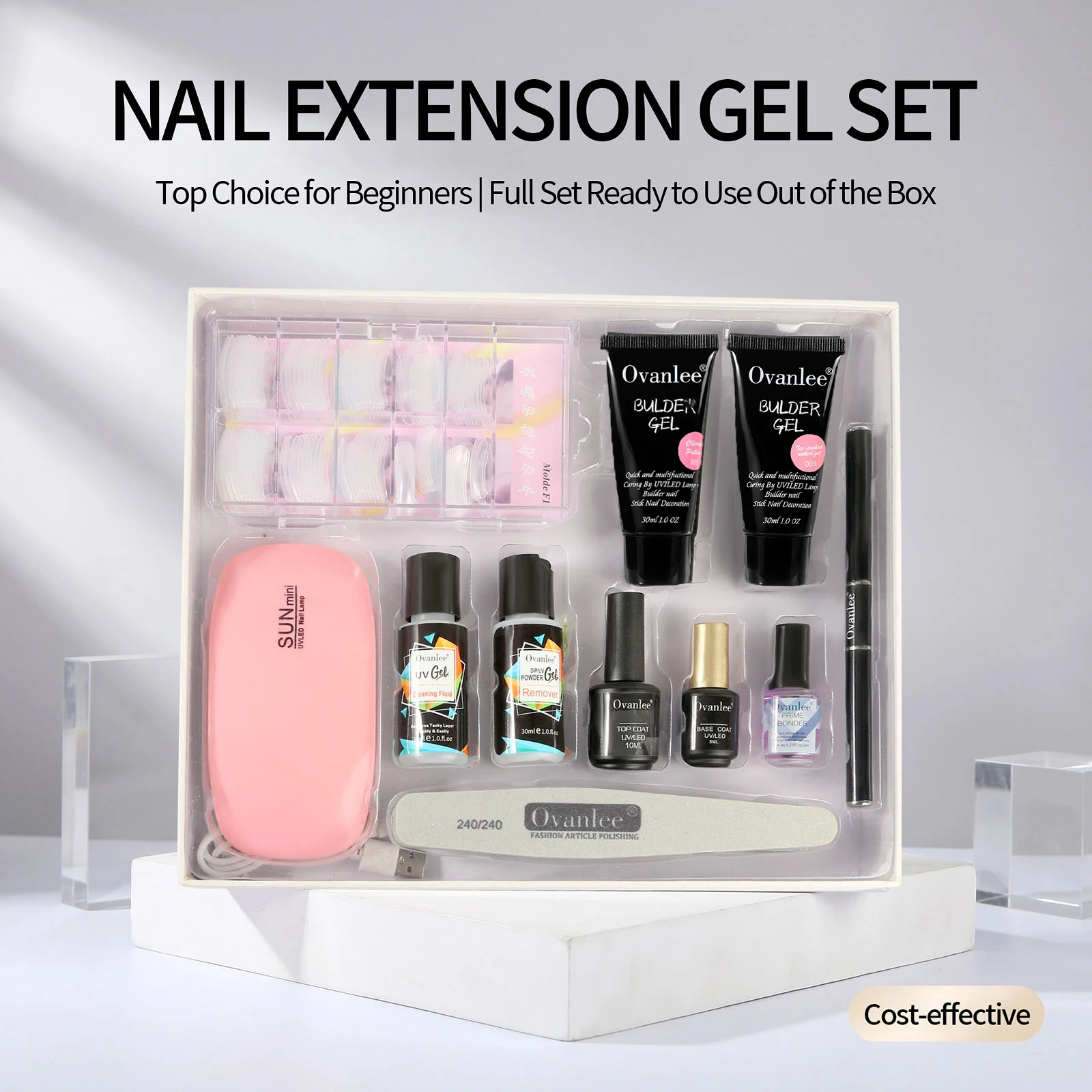 Ovanlee Gift Box Packaging 12pcs Complete Acrylic Nail Kit for Beginners with Keratin Powder Castor Oil Gel Polish, Nail Gel