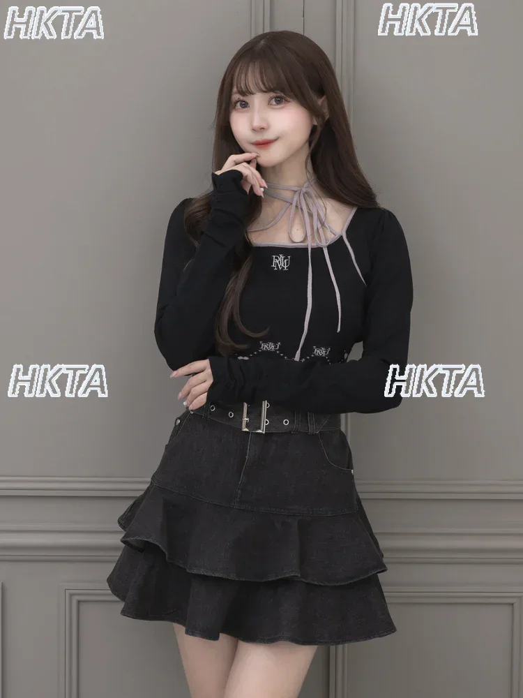 Japanese Sweet Jacquard Woven High Waist Splicing Strap Square Neck Long Sleeve Knitted T Shirt Women Commuter Tshirts Top