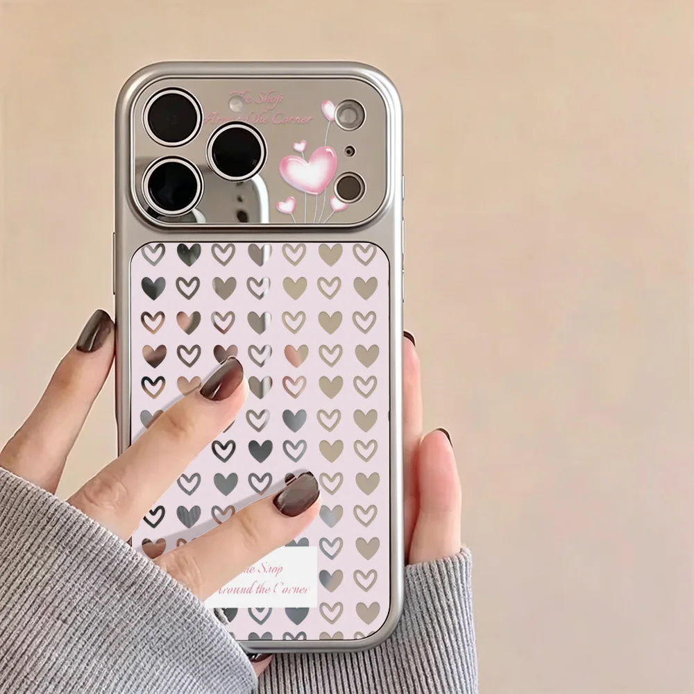 Cute Pink Love Heart Phone Case For iPhone 17 18 14 13 15 11 12 16 Pro Max Large Window Mirror Shockproof Cover Capinha Capa