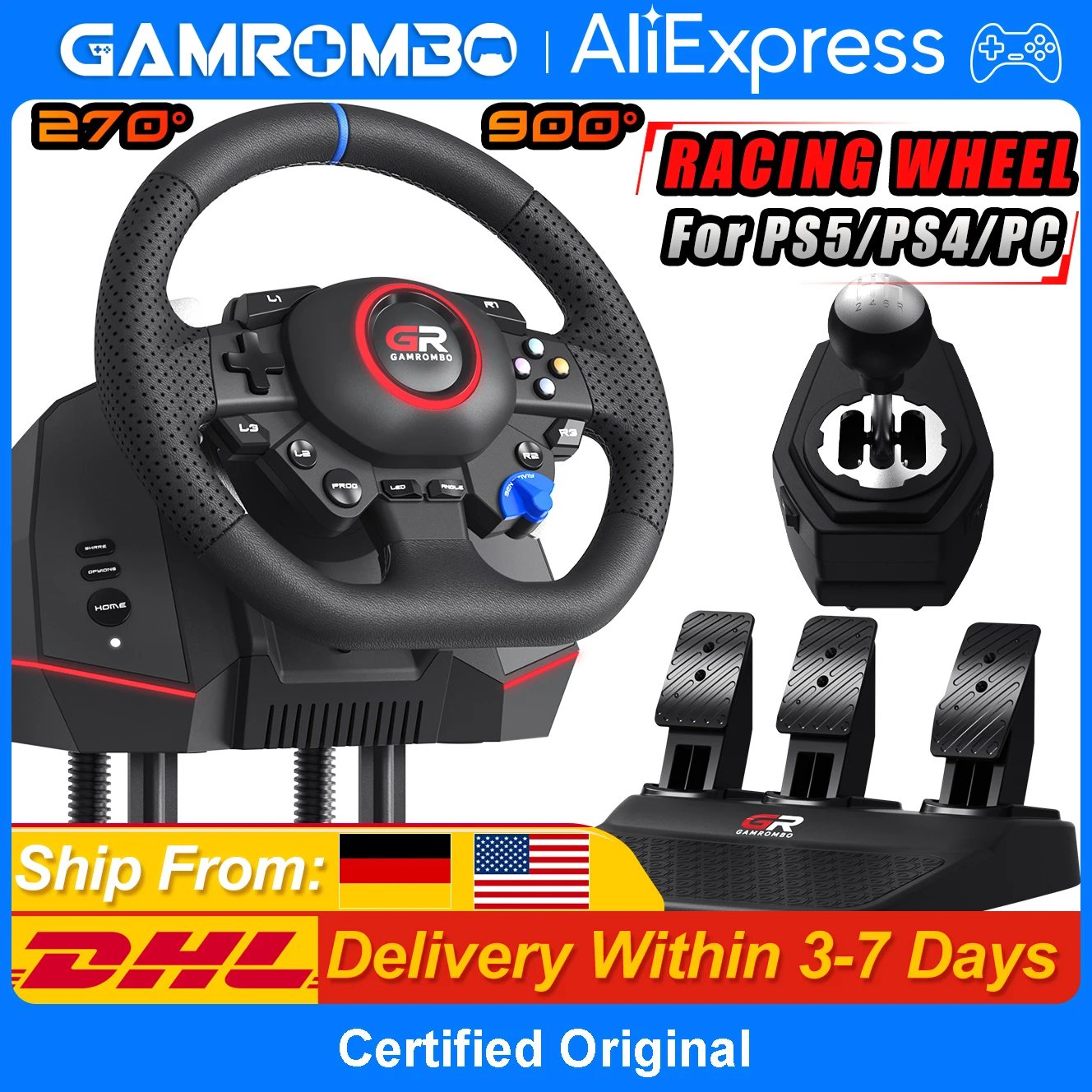 For PS5/PS4/PC Racing Wheel, 270°/900° Leather Game Racing Simulator W/RGB Dual Shock Hall Effect Linear 3Pedal Gaming Steering
