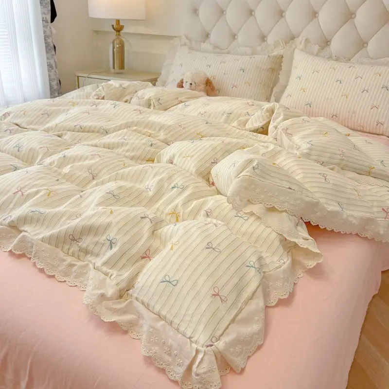 Ins Style Aesthetic Lace Bedding Set - Washed Cotton 3/4 Pcs, Fitted Sheet, Dorm Room Essentials