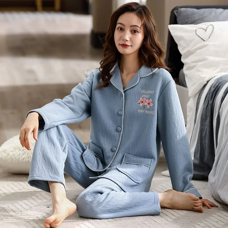 

2024 New Autumn Winter Women's Pajamas Three Layers Pure Cotton Thickened Warm Air Cotton Interlayer Thin Cotton Set Homewear