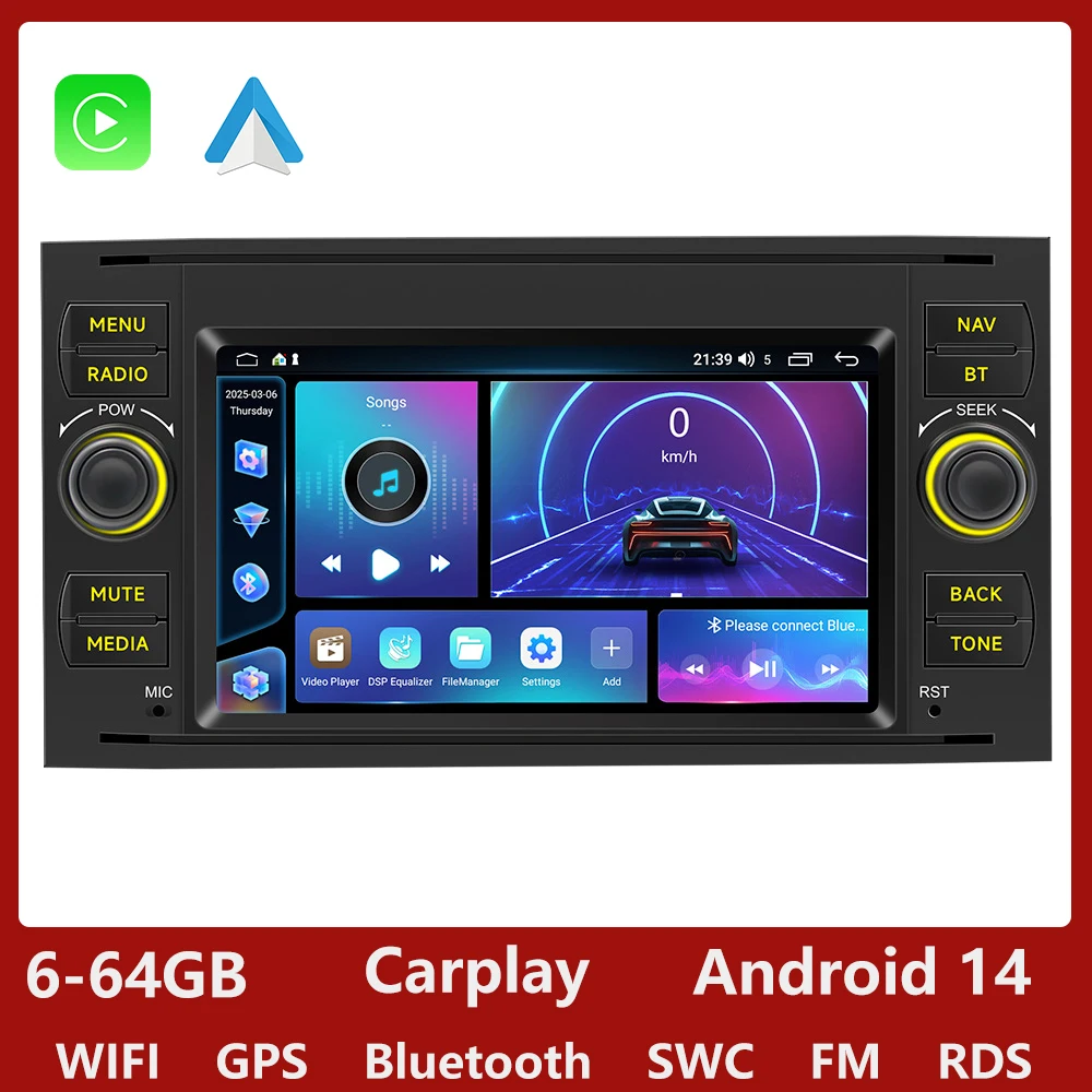 GEARELEC Android 14 Autoradio Carplay voor Ford Focus Transit Fiesta Galaxy Mondeo Fusion Kuga C-Max Carplay Draadloos Android Auto 7 Inch 2 Din Radio met GPS Bluetooth WiFi RDS FM MIC