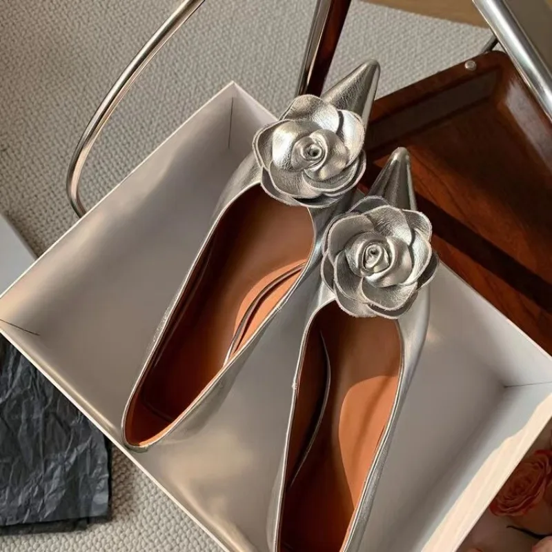 

White Design High Heels Loafers Elegant Woman Shoes Low Heels Wedding Bride Pointed Toe Silver Gold Rose Evening Party Shoes