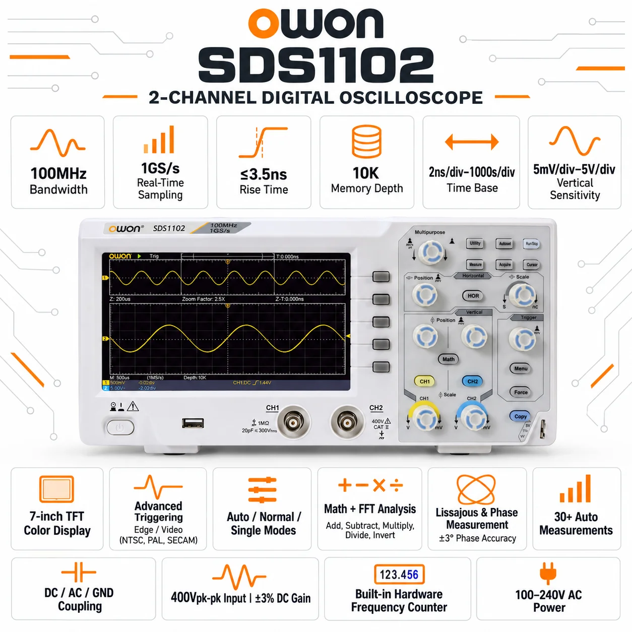 OWON SDS1022 SDS1102 SDS1202 S - Digital Storage Oscilloscope 100Mhz avis et prix