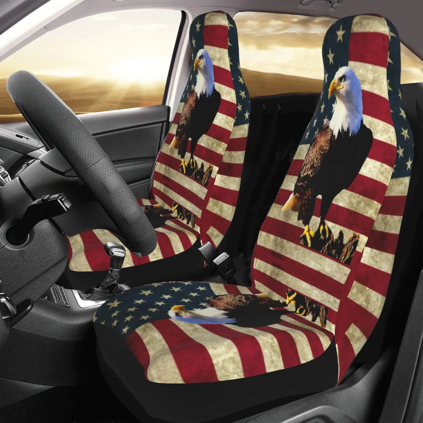 American Flag and Eagle Car Seat Cover 2-piece Set Patriotic Style American Front Car Seat Protection Cover
