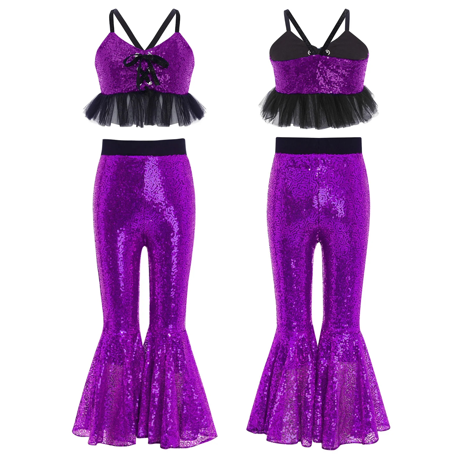 الفتيات الترتر الجاز أداء الرقص زي تول كشكش بريق بروتيل مع جرس أسفل متوهج السراويل الباليه مجموعة الرقص الغنائي #4