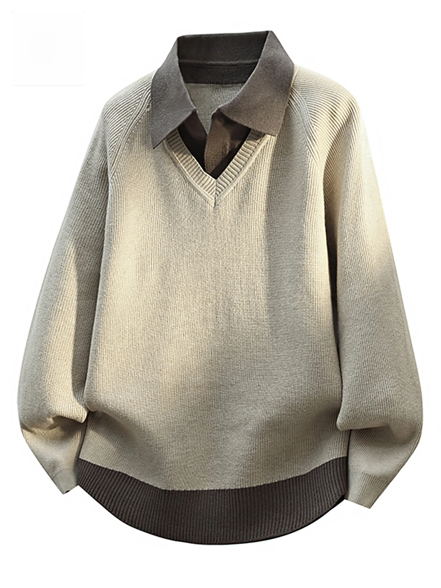 

Thiened Loose Fit Knitted Sweater for Men Casual Sle Zipper Closure Fake Two-Piece Design Warm And Comfortable to Wear