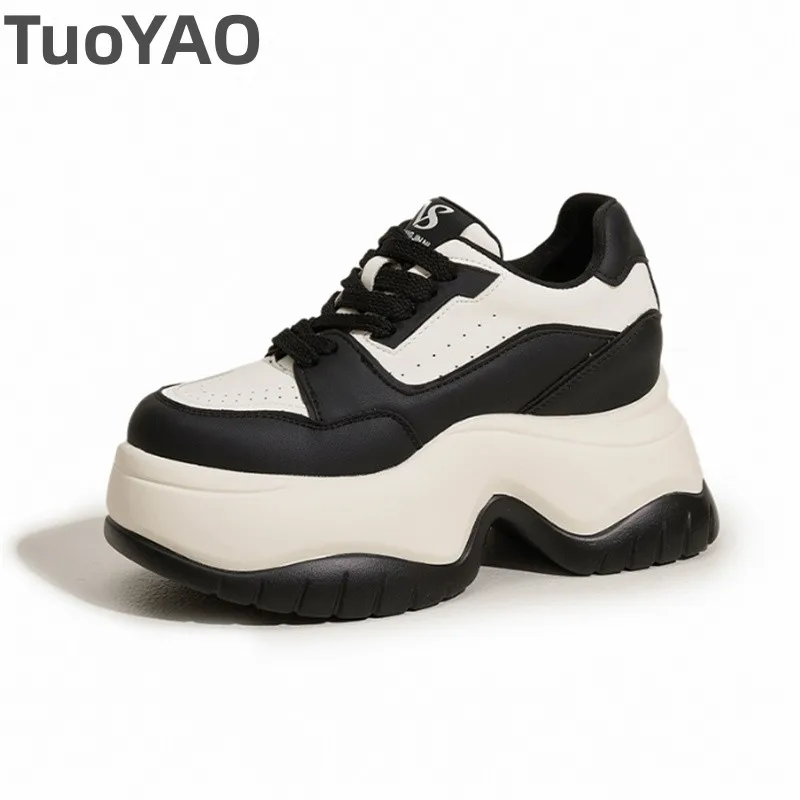 

8cm Chunky Sneakers Heel Platform Sneakers for Women Casual Shoes Genuine Leather Autumn Fall Comfortable Fashion Sneakers