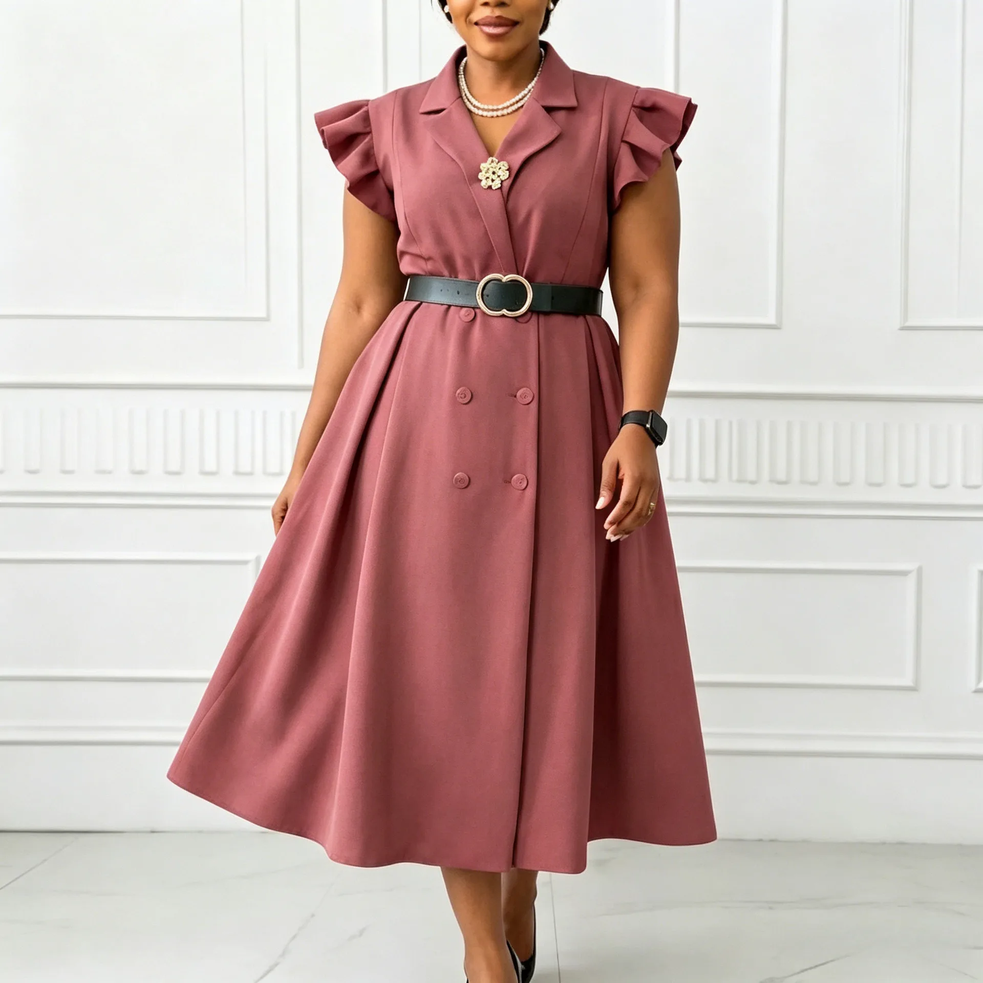C8664 New Elegant Summer Dress With Suit Collar, Double-breasted, Short-sleeved, Plus Size Clothing Y2k、 Beach Maxi