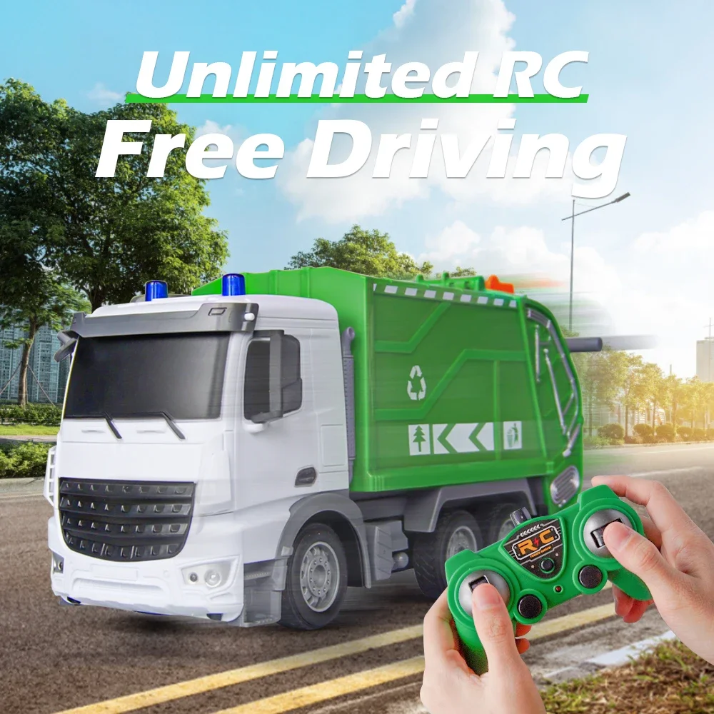Kids RC Garbage Truck Toy with Lights 1/24 Scale Radio Controlled Car Sanitation Vehicle Recycling Cars Early Learning Boys Toys