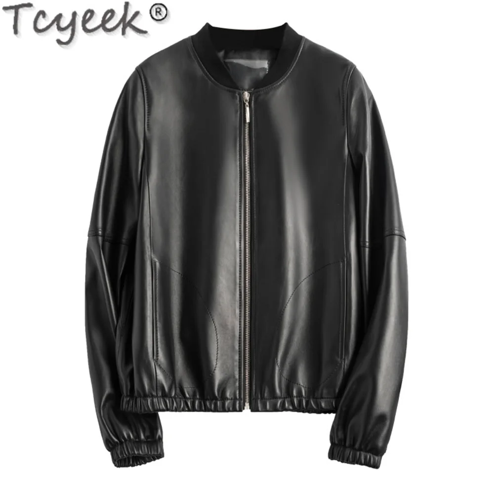 Tcyeek-Chaqueta de piel de oveja Real para mujer, abrigo de béisbol coreano, ropa de cuero para motocicleta, primavera y otoño, 2024