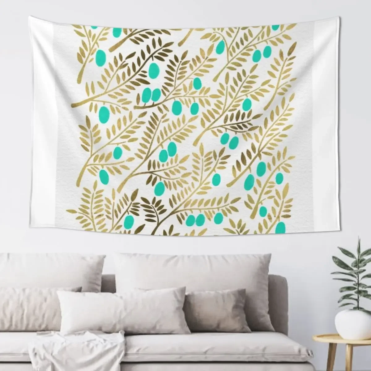 

Gold & Turquoise Olive Branches Tapestry Kawaii Room Decor Home Supplies Wall Carpet Art Mural Tapestry