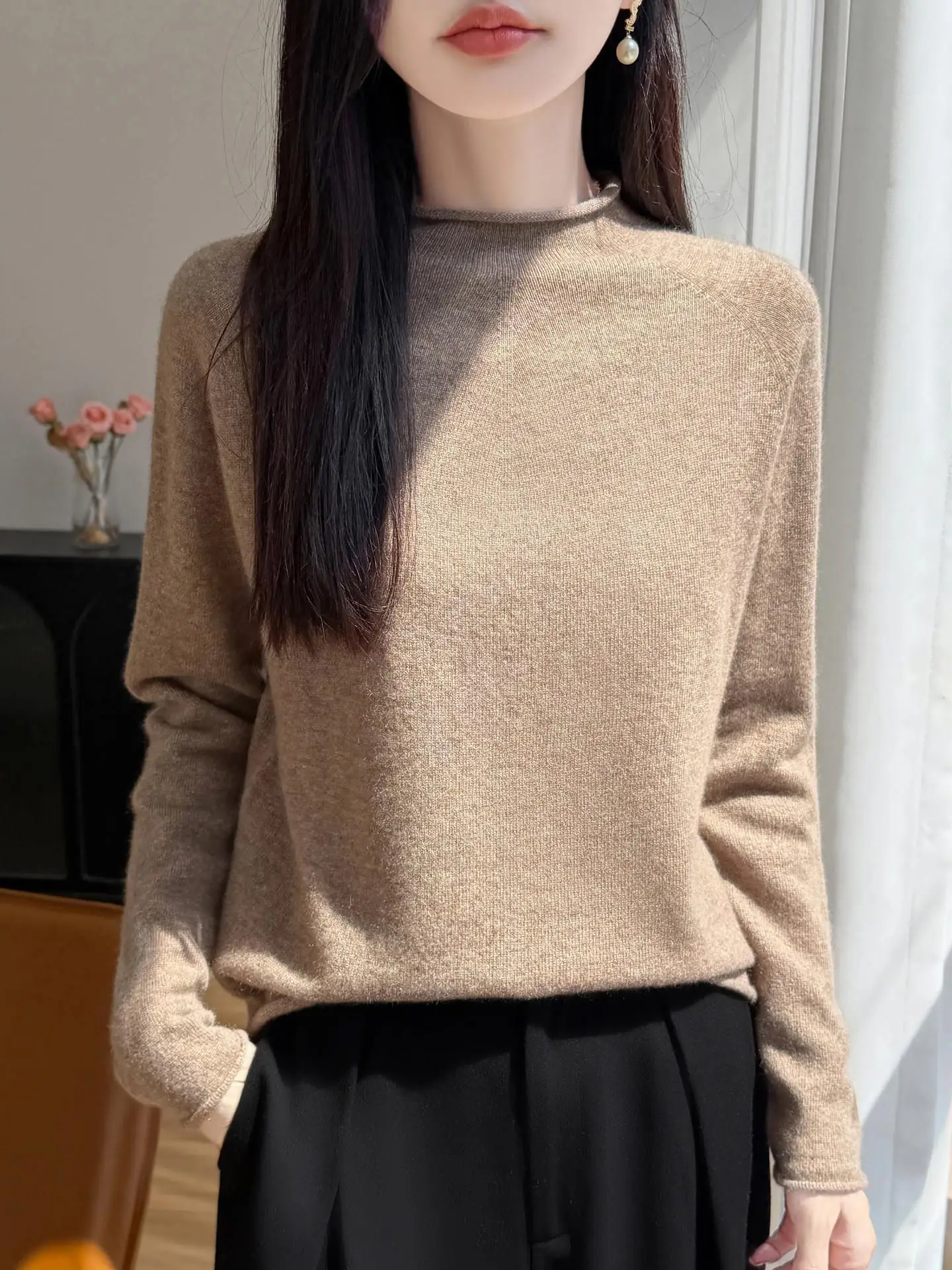Minimalist Half-High Collar Long Sleeve Knitted Sweater Women's Pure Color Slim Fit Inner Wear Base Shirt Autumn Winter New A...
