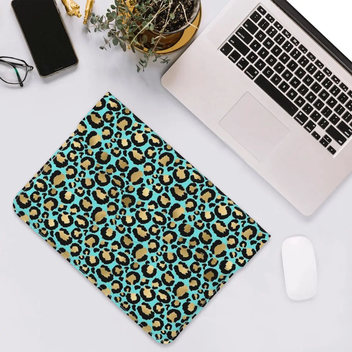 Blue Turquoise Gold Metallic Leopard Print Fur Spots PU Leather Horizontal Laptop Sleeve Shockproof Soft Lining Notebook Case