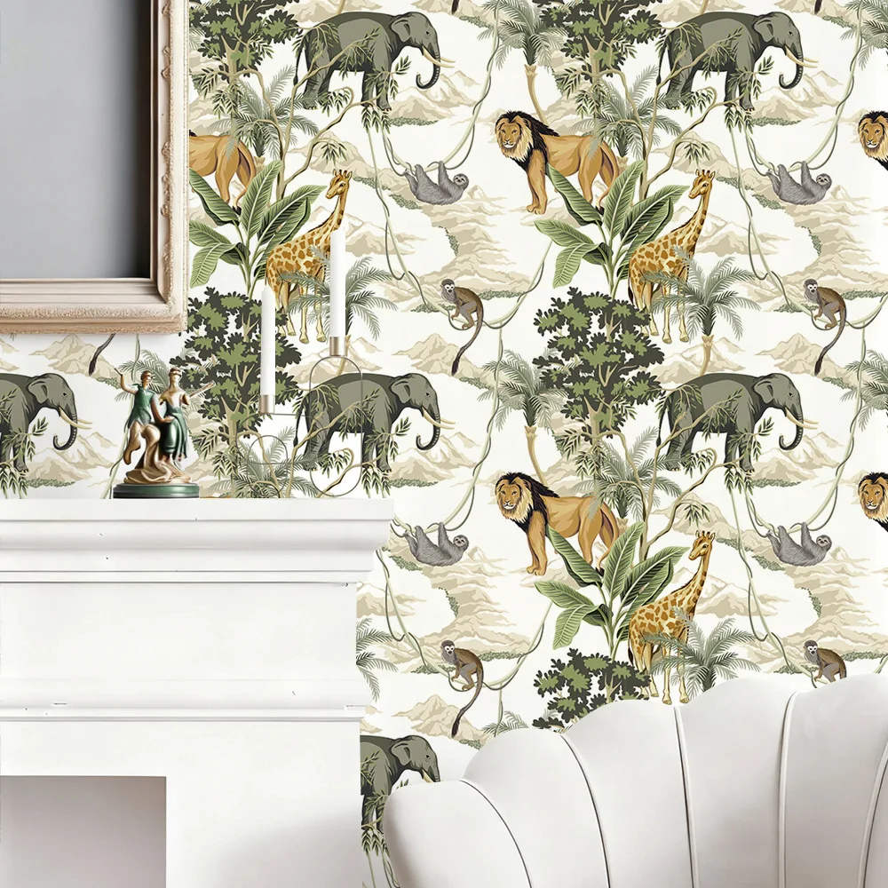 Jungle Animal Peel and Stick Wallpaper Lion Elephant Giraffe Monkey Print Wallpaper Palm Contact Paper for Kids Nursery Room