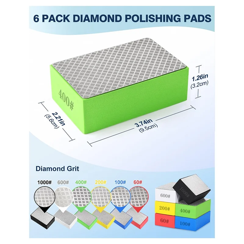 AT51-6-Pack Diamond Hand Polishing Pads For Glass, Wood, Stone, Marble, Ceramics - 60/100/200/400/600/1000 Grit