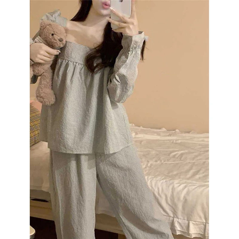 Plaid Sleepwear Women Pajama Sets Autumn Korean Pants Sets 2 Pieces Piiama Square Collar Night Wears Long Sleeve Home Suit New