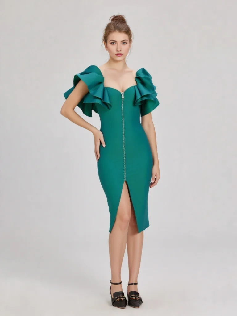 Emeral Green Satin Mother of the Bride Dress for Wedding Knee length Formal Party Dress Short Ruffle sleeveless CocktailGown