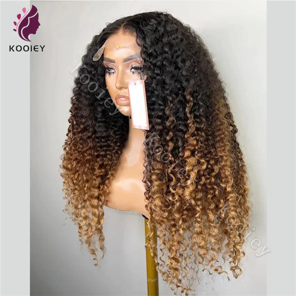 1b/27 Ombre Blonde Kibky Krullend 13x4/360 Kant Frontale diepe Golf Pruik Menselijk haar Pre Geplukt Zijden Top Kant Pruiken Babyhaar Rond