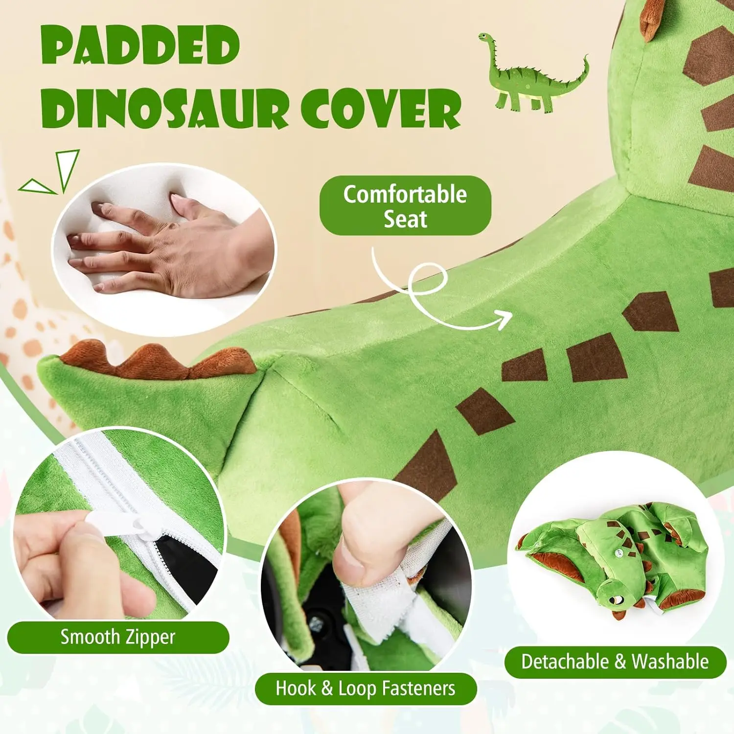 6V Dinosaur Ride on Toys, Battery Powered Motorized Ride on Dinosaur, Music, Forward, Removable & Washable Cover, Comfortable Se