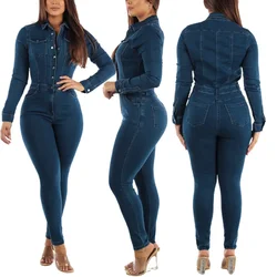 Turn Down Collar Women One Piece Full Sleeve Tight High Waist Overalls Slim Denim Jumpsuits Sheath Long Pants Rompers Autumn