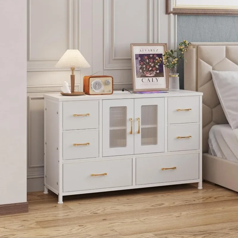 6-Drawers Dresser with 2 Storage Shelves and Open Door, Fabric Dressers Drawers with Power Outlets for Bedroom, Hallway