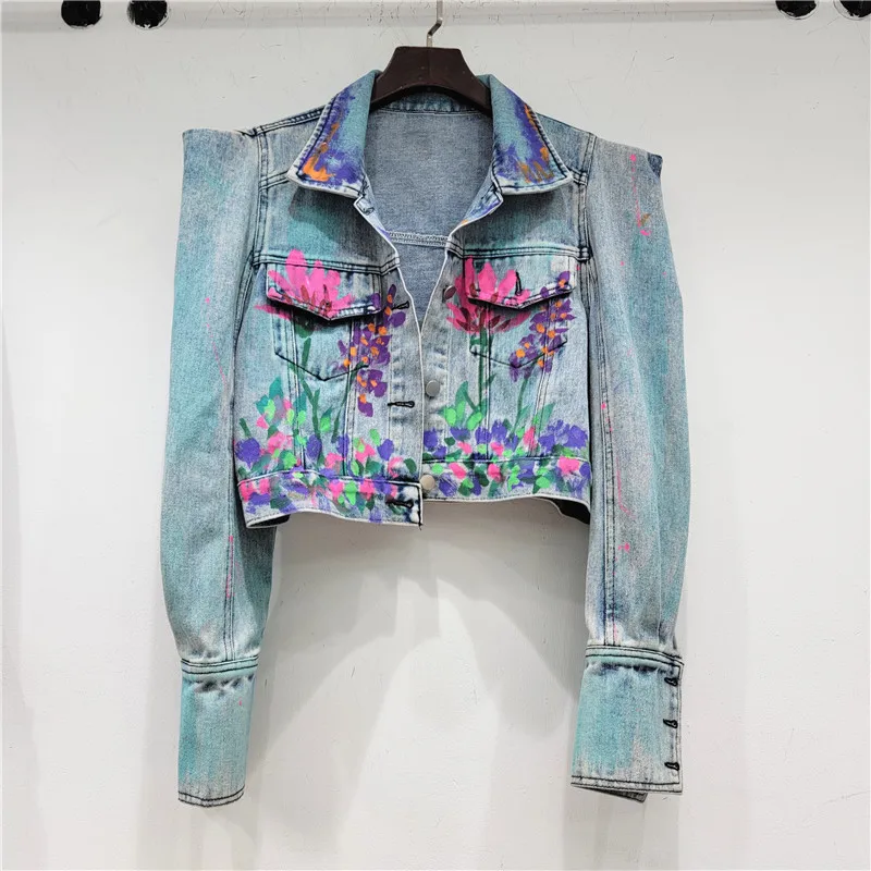 Heavy Work Hand Paint Big Pocket Denim Jacket Women Slim Short Cowboy Outerwear Autumn Korean Long Sleeve Jeans Jacket Female