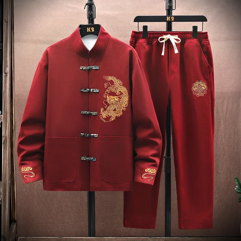 Men Chinese Style Tang Suit Man Embroidery Classic Sets Men Tea Zen Jackets & Pants Layman Retro Ethnic Outfit China-Chic Set
