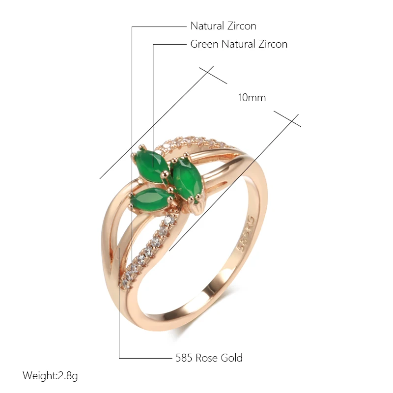 SYOUJYO Green Leaf Natural zircone anelli alla moda per le donne 585 Rose Gold Color Fine Jewelry Vintage Party diserbo anelli di lusso