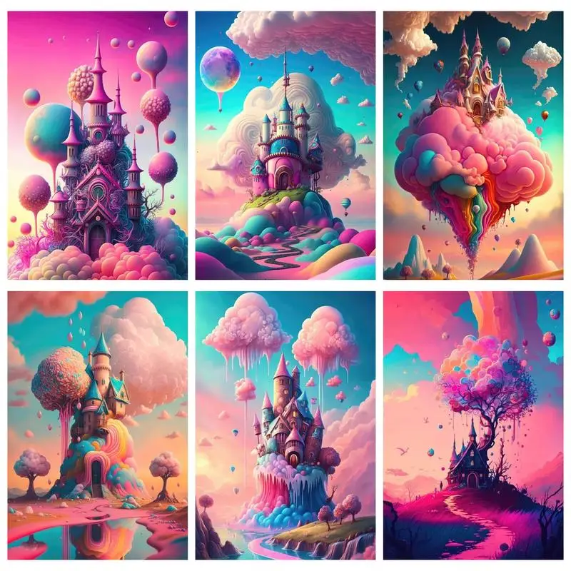 

RUOPOTY Diy Paint By Numbers For Beginner Kits Colorful Magic Castle on Abstract Balloon Clouds Original gifts Landscape