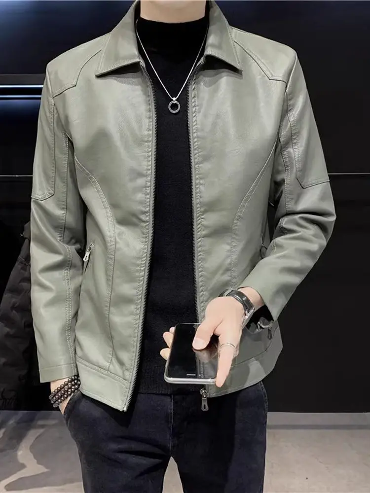 

Мужская кожаная куртка Sli Youth: весенне-осенняя, с воротником на молнии, в байкерском стиле, модная, однотонная, повседневная, приталенная