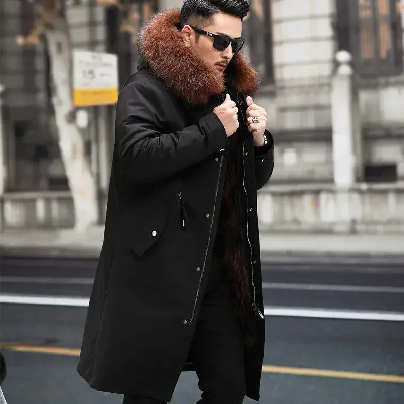 European Trend Winter Men Sable Removable Liner Overcoat Imitation Fox Raccoon Dog Fur Clothing With Hood Long Thick Fur Coat