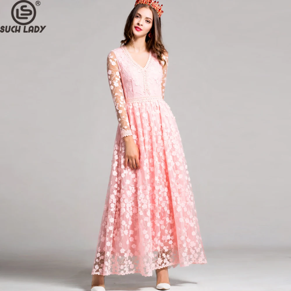 فستان ماكسي نسائي بأكمام طويلة من الدانتيل الوردي مع رقبة على شكل حرف V، فستان سهرة من التول مزين بالزهور ثلاثي الأبعاد، فساتين رسمية للأميرة الحلوة #1