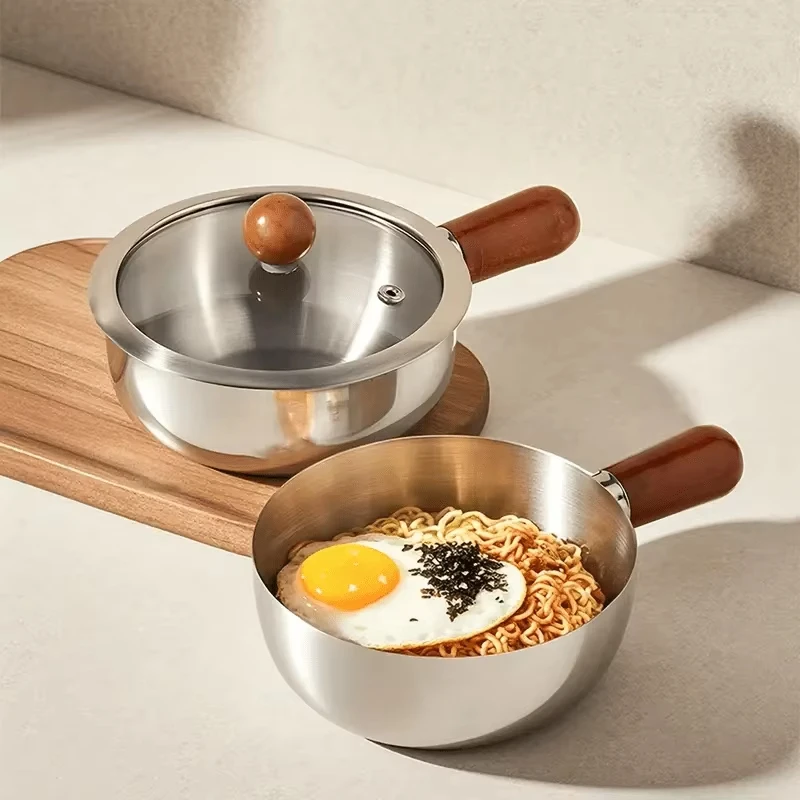 Image of 1 Stück Edelstahl-Topf mit Hitzebeständigem Holzgriff - Induktionsgeeignet, Rutschfester Boden, Gleichmäßige Wärmeverteilung Milchtopf