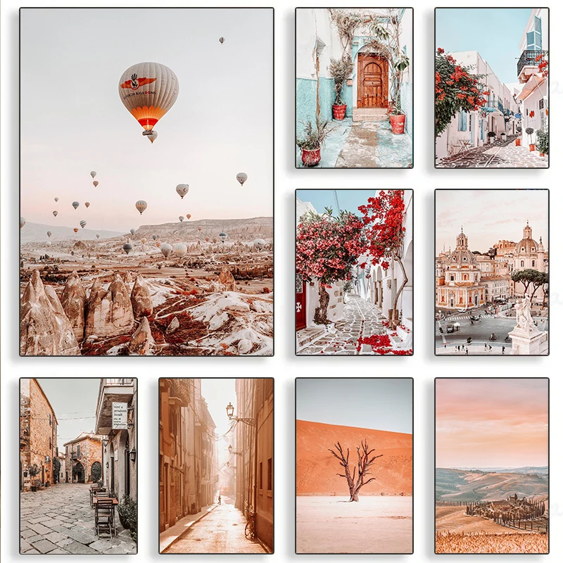 Modern Landscape Mediterranean Greece Italian Begonia Olive Tree Landscape Poster Canvas Paintings Wall Art Pictures Home Dec