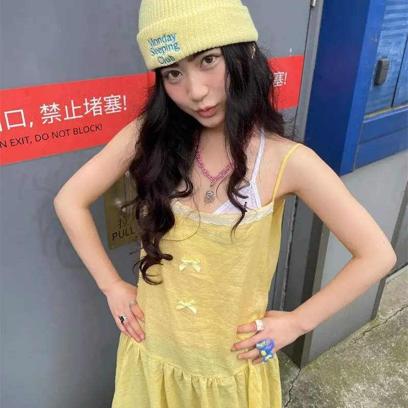 Genayooa Harajuku Lace Dress Women Sleeveless Bow Spaghetti Strap Dresses Y2k Fairycore Lazy Style A-line Dress Streetwear 2000s