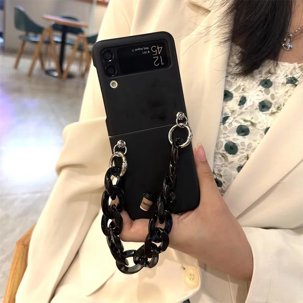 Black Acrylic Bracelet Leather Crossbody Long Strap Hard Matte Case For Samsung Galaxy Z Flip 7 6 5 3 4 5G Protective Back Cover