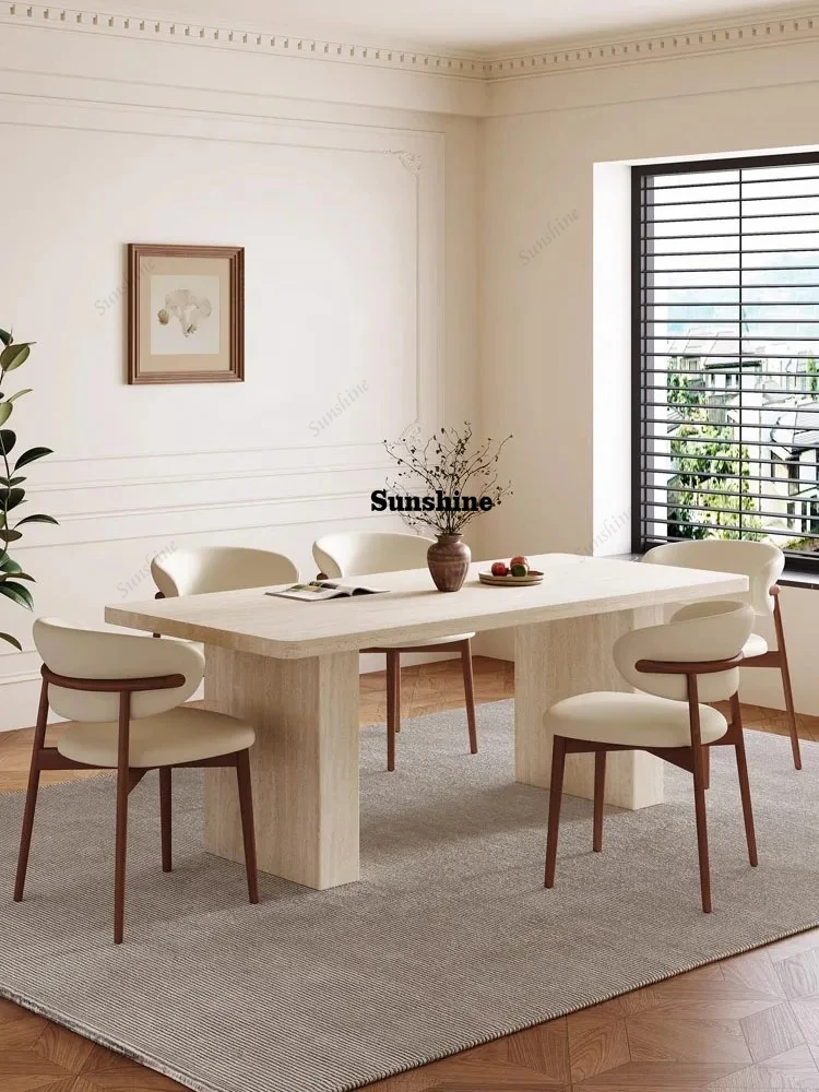 

Luxury Travertine Pattern Stone Dining Table, Cream Mid-Century Style for Small Space, Stain & Heat Resistant, Customizable