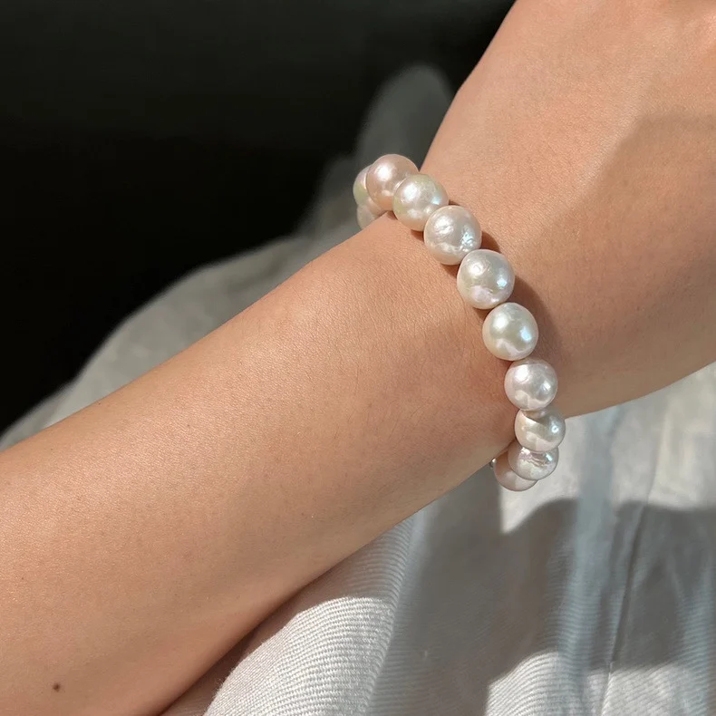 

S925 Silver Plated White Gold Freshwater Edison Pearl Bracelet，Intense Luster Wrinkled Baroque Beads, White Iridescent Jewelry