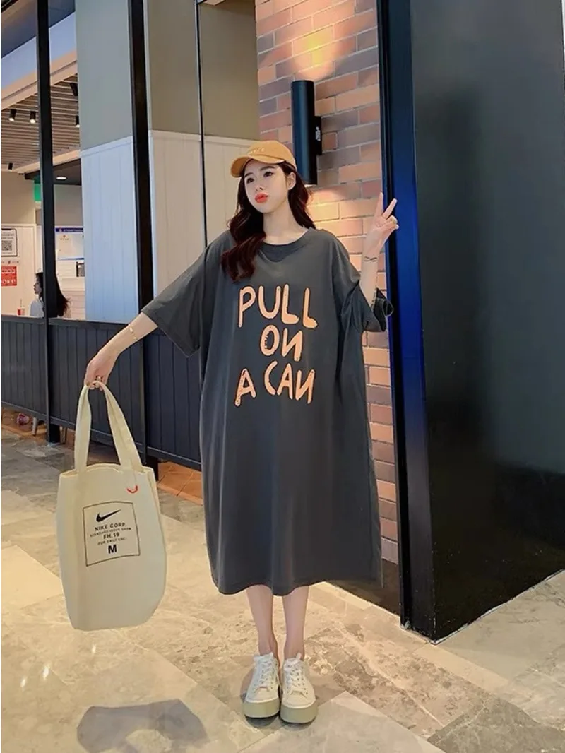 Korean version short sleeved t-shirt dress womens summer mid length knee length casual oversized letter printed long skirt R1FW