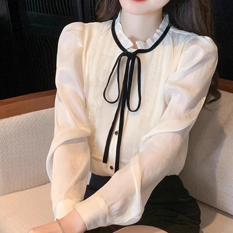 

Элегантная французская кружевная шифоновая блузка, женская стильная рубашка на пуговицах с длинным рукавом