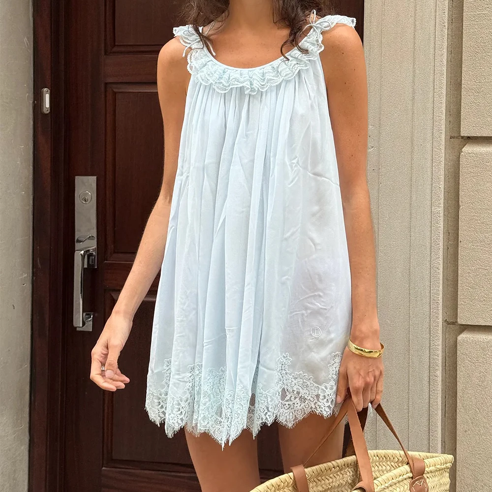 Women Summer Boho Cute Lace Trim Babydoll Mini Dress y2k Aesthetic Elegant Sleeveless Flowy Swing Going Out Beach Party Dress