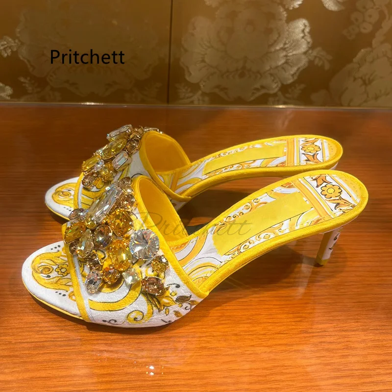 Yellow Prints Stiletto Slippers for Women Rhinestone Open Toe Summer Shoes Med Heels Bohemian Vacation Party Crystal Shoes