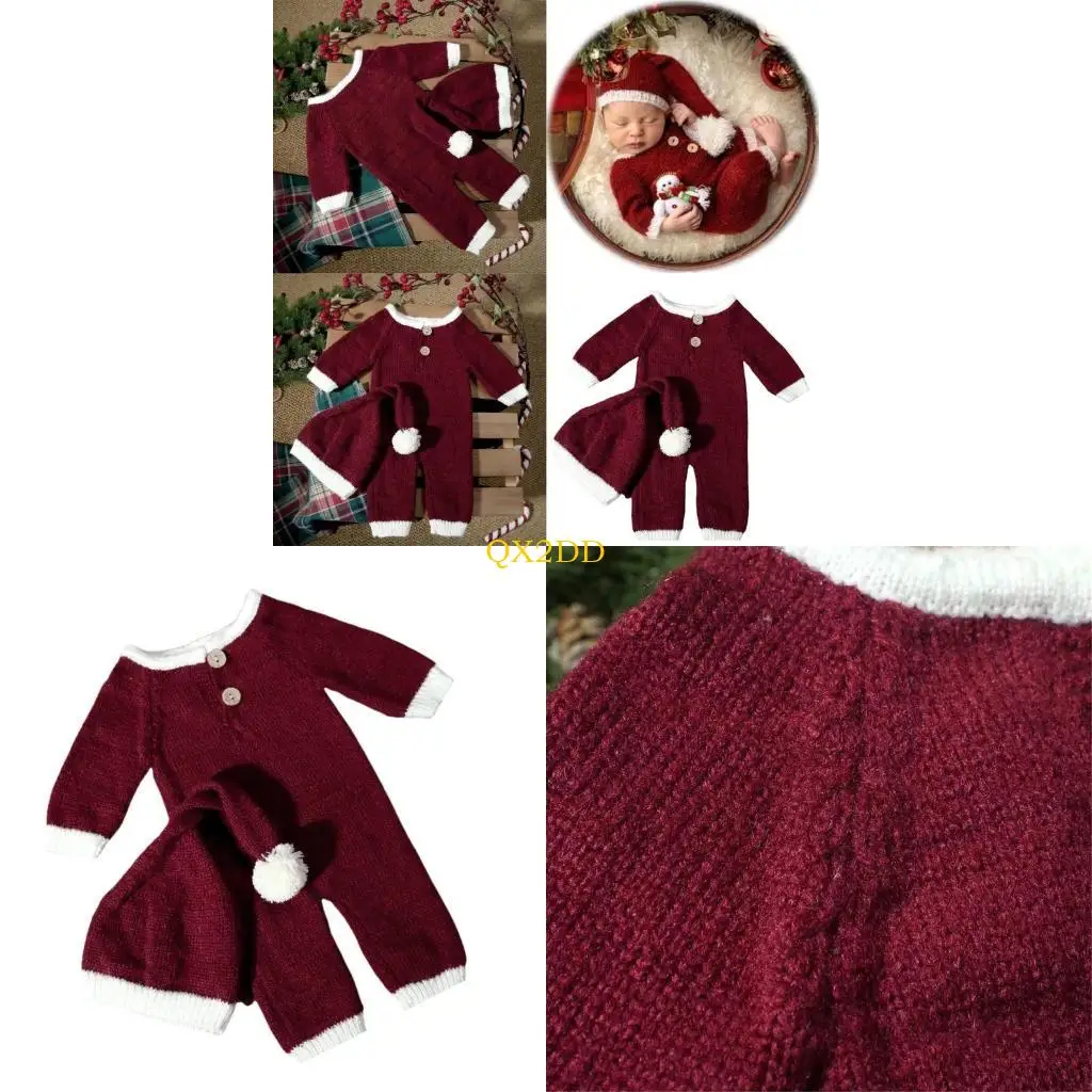 QX2D Baby Roleplay Costume Christmas Photo Outfit Hat Set Infnat Photoshoots Bodysuit