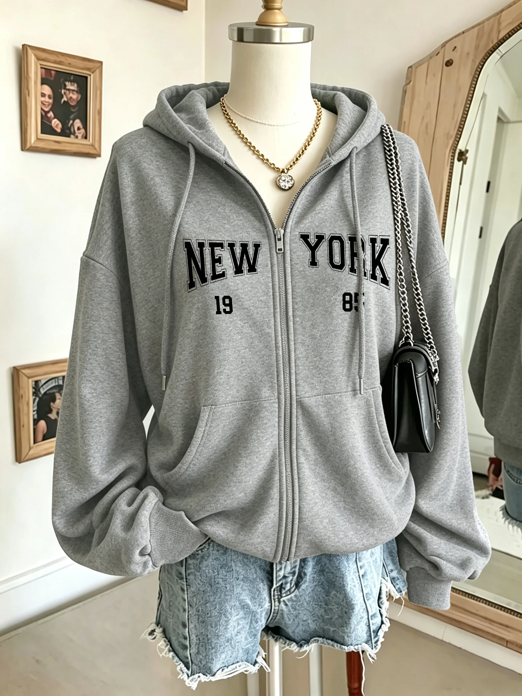 New York 1985 Art Letter Prints Damen-Kapuzenpullover mit Reißverschluss, Hip-Hop-Fleece-Kapuzenpullover, lässiger, lockerer Kapuzenpullover, Herbst, bequeme Streetwear – Detail 11